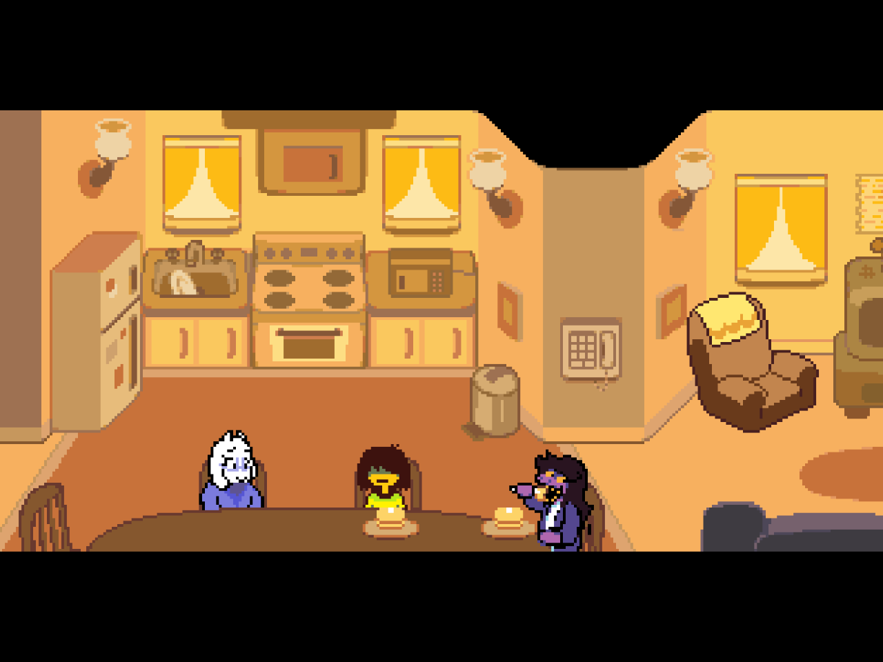 Screenshot from Deltarune showing Kris, Toriel, and Susie having breakfast. Susie has awkwardly paused just before taking a bite and is eyeing the exit.