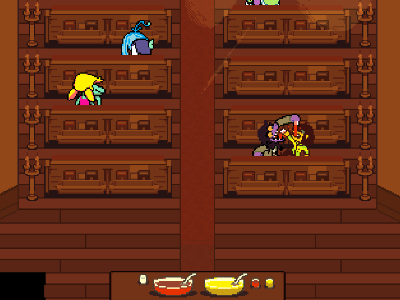 Screenshot from Deltarune of Kris and Susie messily feeding each other red fruit juice in the middle of church
