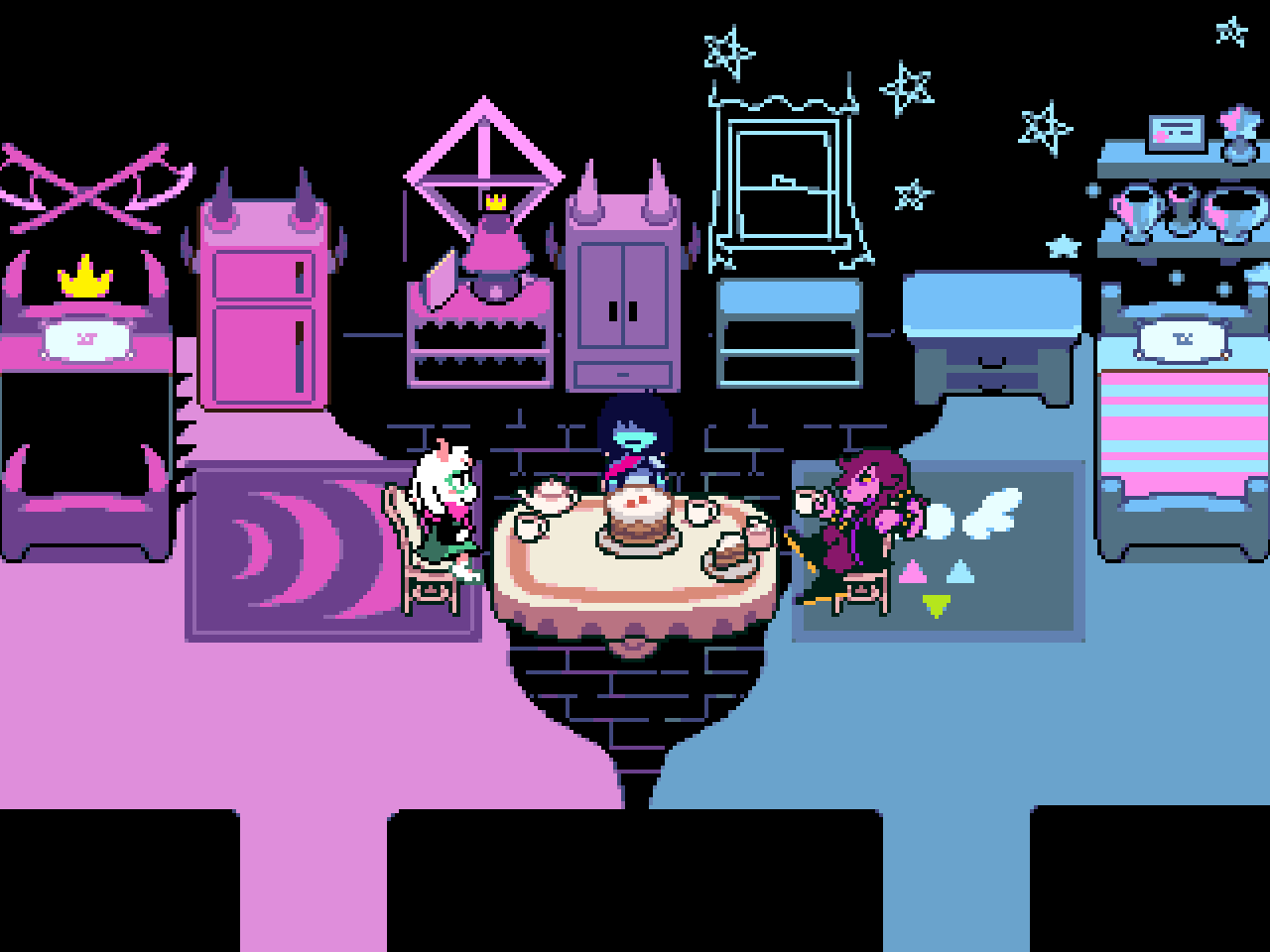 Screenshot from Deltarune of Kris, Ralsei, and Susie having a tea party in Ralse's castle