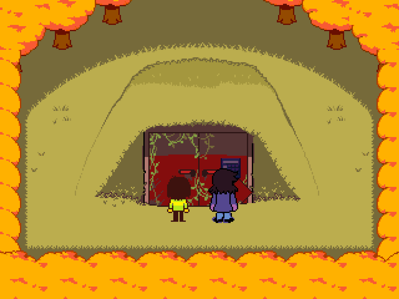 Screenshot from Deltarune showing Kris and Susie silently staring at the Shelter south of town