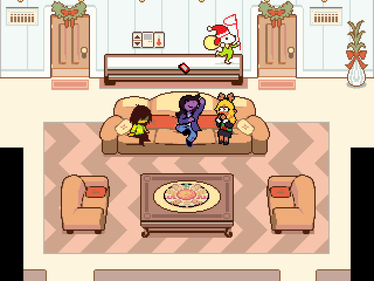 Screenshot from Deltarune showing Kris, Susie, and Noelle sitting on Noelle's couch. Susie is chucking Noelle's phone behind her while Noelle looks shocked.