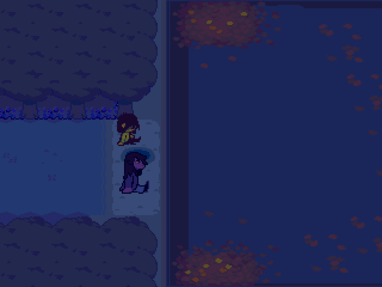 Screenshot from Deltarune showing Kris and Susie sitting in silence on the lake shore after dark.
