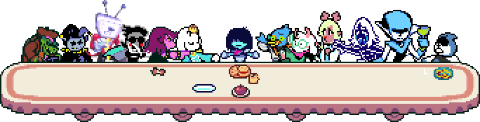 A collage of Deltarune sprites seated at a long table. Kris stands in the center and the other characters look on with expressions of shock, anger, and sadness. From left to right: Gerson, Jevil, Tenna, Spamton, Susie, Toriel, Kris, Berdly, Ralsei, Noelle, Rouxls Kaard, Queen, and Lancer. All lightners are in their Dark World form.